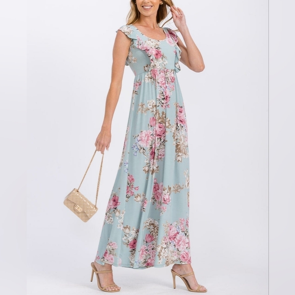 Floral Scoop Neck Maxi Dress in Blue and Pink Medium - Picture 4 of 12